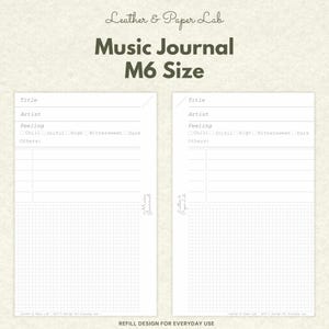 Könnte beinhalten: Zwei weiße Musikjournal-Seiten im M6-Format mit dunkelgrauem Text. Jede Seite enthält Felder für Titel, Künstler und Gefühl mit Kontrollkästchen für Chill, Joyful, High, Bittersweet und Dark sowie einen linierten Bereich und ein unteres Raster.