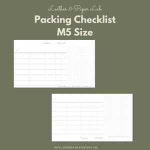 Op de afbeelding: Twee witte M5-formaat inlegvellen voor een paklijst met een rastergedeelte aan de rechterkant en een tabelgedeelte aan de linkerkant. De tekst Leather & Paper Lab Packing Checklist M5 Size staat bovenaan met lijnen en koppen.