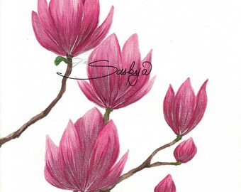 Magnolia Branch Watercolor Painting, 9x12 Floral Art