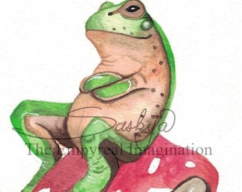 Super Satisfied Frog on a Toadstool Watercolor Painting, Original Art, Gift, present