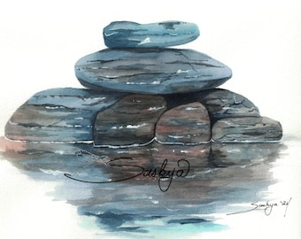 River Rocks in a Stack Watercolor painting, gift, present, zen gift