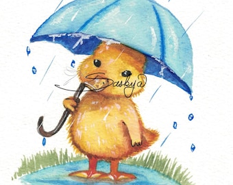 Spring Duckling With Umbrella Watercolor Painting, Fun Painting, Gift, Present
