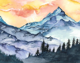 Watercolor Mountain Landscape with Yellow Sky, traditional art gift, unique present