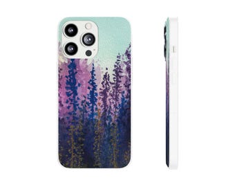 Akwarelowe pole lawendy – etui Flexi, etui na telefon, prezent dla miłośnika natury, ekologiczne etui na telefon, artystyczny dodatek do telefonu, etui z motywem krajobrazu