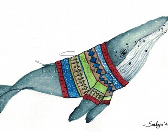 Whale in an Ugly Sweater Watercolor painting, original art, gift, present