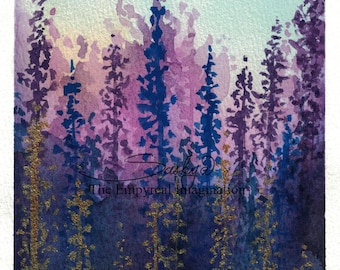 Field of Lavender Flowers Watercolor Painting, original art, gift, present