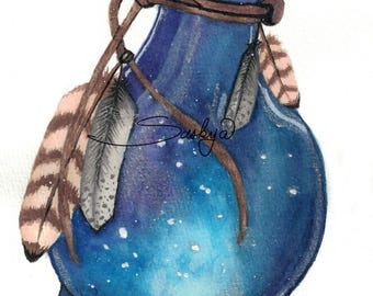 Witch's Flight Potion with Feathers watercolor painting, present, gift
