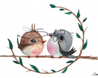 Baby Love Birds Wreath Watercolor painting, gift, easter, spring, Present