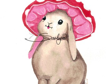 Easter Mushroom Bunny Watercolor painting, whimsical art, fun gift