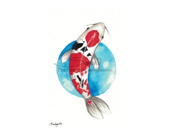 Koi in a Pond Watercolor Painting -  Unique Elegant Birthday Gift, Present for your love