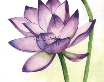 Purple Lotus Watercolor Painting, Botanical Art (6x9)