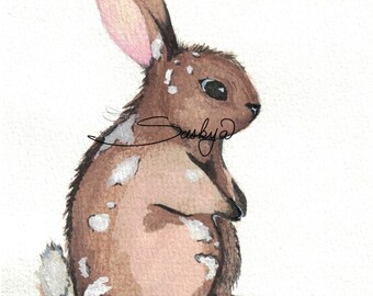 Easter Bunny with Spots Watercolor Painting, Spring gift, present