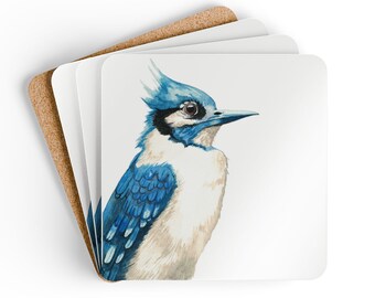 Blue Jay Illustration Corkwood Coaster Set | Hand-Painted Bird Art