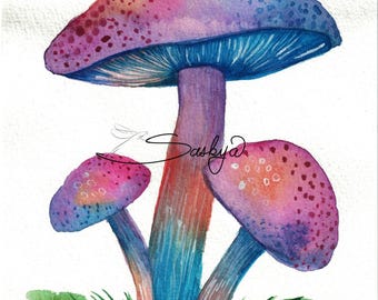 Psychedelic 'Shrooms Watercolor Painting, Colorful Mushrooms, Mushroom Art