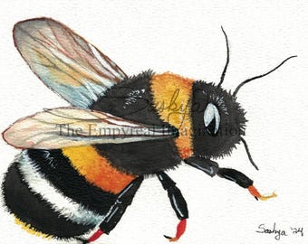 Fuzzy Bumble Bee Watercolor Painting, original art, gift, present