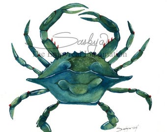 Turquoise Crab Watercolor Painting, Original Art, Gift, Present