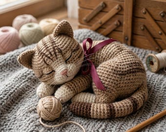 Patron PDF chat endormi au crochet, peluche amigurumi chaton tigré réaliste, peluche chaton recroquevillé, cadeau DIY pour les amoureux des chats