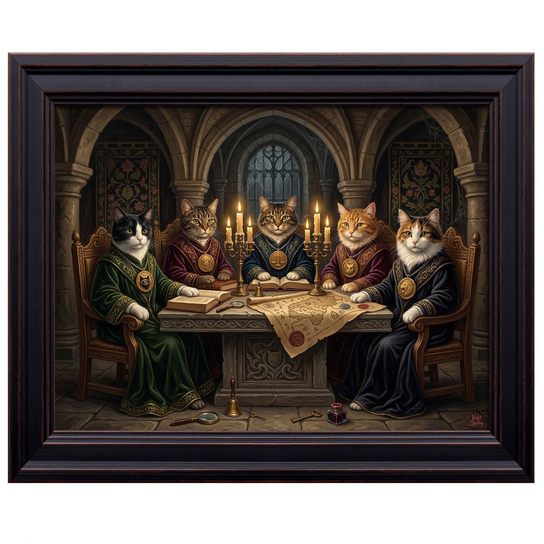 Dark Academia Anthropomorphic Cat Art Print, Moody Vintage Canvas Wall ...