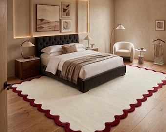 Tappeto in lana neozelandese trapuntato a mano con bordo smerlato, tappeto color avorio bordeaux, tappeto di lusso per camera da letto, tappeto moderno con bordo ondulato, tappeto su misura.