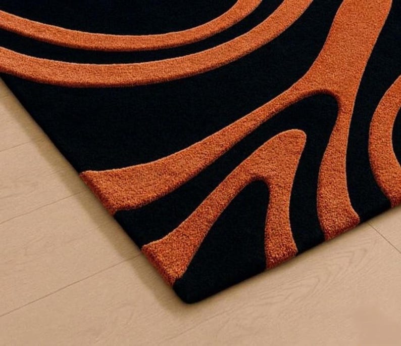 Tappeto moderno astratto, con motivo ondulato nero e arancione bruciato, tappeto minimalista per soggiorno, decorazione contemporanea per pavimenti, tappeto morbido e soffice immagine 3