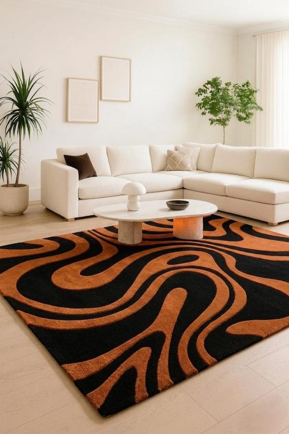 Modern Abstract Area Rug, Black & Burnt Orange Wavy Pattern Carpet, Minimalist Living Room Rug, Contemporary Floor Decor, Soft Plush Rug