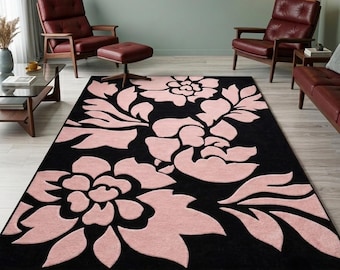 Tappeto moderno, tappeto floreale nero e rosa, grande tappeto per soggiorno, tappeto in lana fatto a mano, arredamento di lusso per la casa.