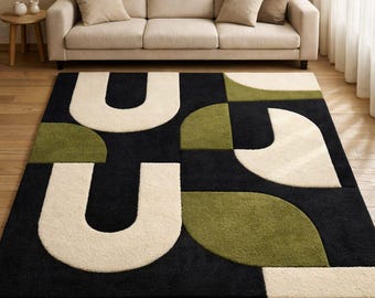 Tappeto moderno geometrico, tappeto astratto nero, crema e verde oliva, tappeto per soggiorno in stile metà secolo, tappeto minimalista scandinavo.