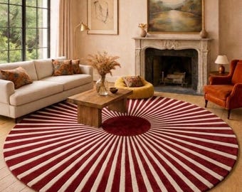 Tappeto rotondo color bordeaux con motivo a raggiera, tappeto circolare in lana fatto a mano, tappeto moderno rosso e bianco per soggiorno, tappeto rotondo di lusso, tappeto su misura.