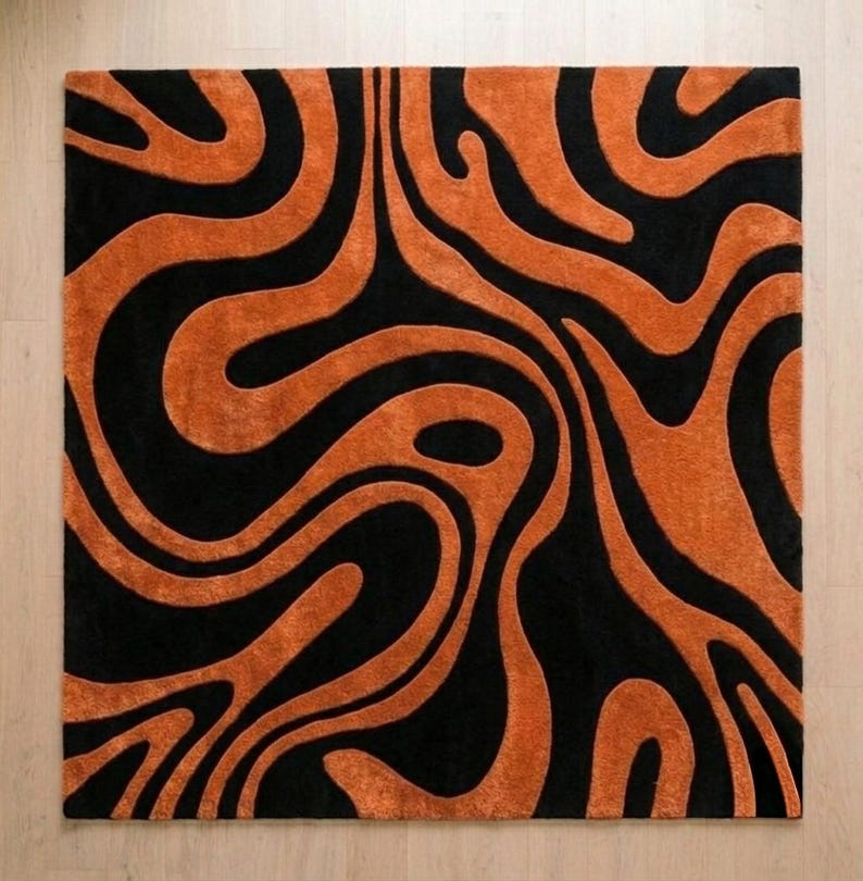 Tappeto moderno astratto, con motivo ondulato nero e arancione bruciato, tappeto minimalista per soggiorno, decorazione contemporanea per pavimenti, tappeto morbido e soffice immagine 5