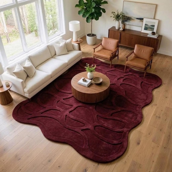 Burgundy Abstract Area Rug, Sculptural Organic Modern Carpet, Irregular Living Room Rug, Custom Size Rug