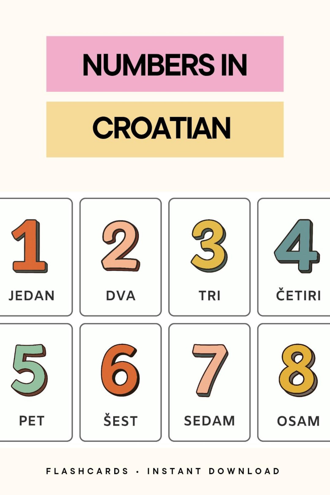 Croatian Numbers Flash Cards | Kids Language Learning (digital Download ...