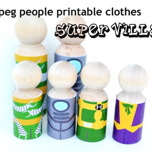 May include: Five wooden peg people dressed as super villains. The peg people are wearing colourful costumes with different designs. The costumes are printed with images of claws, a robot, a letter H, and a crown.