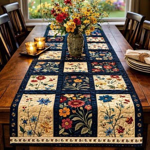 Puede incluir: Camino de mesa acolchado floral azul marino con un patrón de cuadrícula. Cada cuadrado presenta un diseño floral diferente en tonos de rojo, amarillo y azul. El camino de mesa está colocado sobre una mesa de madera, con un jarrón de flores y velas.