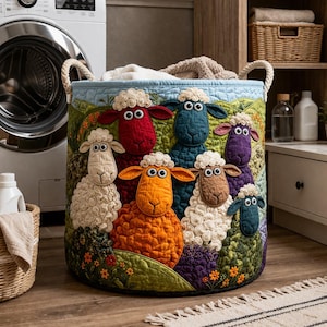 Puede incluir: Una cesta de lavandería redonda con un diseño de ovejas coloridas. La cesta presenta un borde de cielo azul y un paisaje con varias ovejas de colores. Tiene asas de cuerda y está llena de ropa.