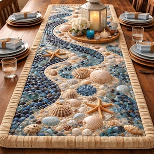 Puede incluir: Camino de mesa decorativo con temática playera. Presenta un diseño de mosaico de conchas marinas, estrellas de mar y cuentas de vidrio azul, que simula una costa. Un borde beige enmarca el diseño. El camino de mesa está sobre una mesa de madera.