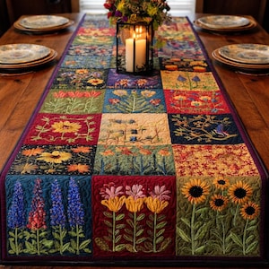Puede incluir: Un colorido camino de mesa acolchado con un diseño de patchwork. El camino de mesa presenta cuadrados florales bordados en varios colores, incluyendo rojo, azul, amarillo y verde. El camino de mesa está colocado sobre una mesa de madera, con platos y un candelabro visibles.