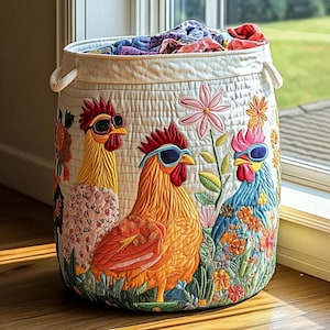 Rooster Quilted Laundry Basket, Colorful Chicken Hamper, Farm Animal Storage Bin, Foldable Organizer