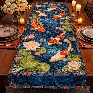 Koi Fish Table Runner, Japanese Pond Table Decor, Quilted Koi Carp Table Topper, Lotus Water Lily Dining Table Runner Feng Shui Gift