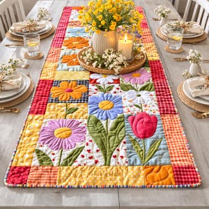 Floral Patchwork Table Runner, Quilted Farmhouse Table Decor, Colorful Flower Table Topper, Cottagecore Dining Table Runner Gift