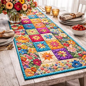 Gewatteerde tafelloper met bloemen patchwork, decor cottagecore boerderij, rustiek herfstlinnen