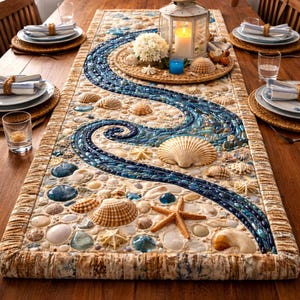 Bordlöpare med kustmotiv, bordsdekoration med snäckskal och hav, nautisk quiltad bordsdekoration, bordlöpare med strandhusmotiv, sommardekoration
