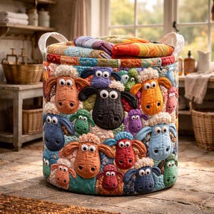 May include: A round storage basket with a lid, covered in colorful sheep appliqués. The sheep are in various colors, including orange, blue, and green. The basket has white handles and is filled with folded blankets.