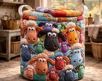 Colorful Sheep Laundry Basket, Patchwork Farmhouse Storage Bin, Whimsical Nursery Organizer