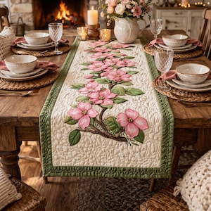 Pink Dogwood Floral Table Runner, Spring Farmhouse Dining Decor (2D Print)