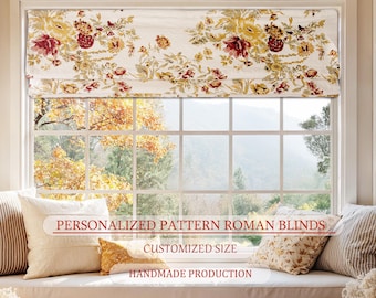 Estor romano de lino beige con estampado floral, estampado vintage, tamaño personalizado, hecho a mano.