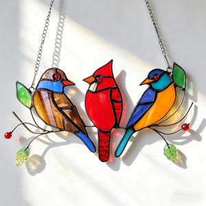 Handmade “Three Birds” Sun Catcher, Red Sparrow Window Decor, Natural-Style Decor Garden Decorative Art, Christmas Gifts, Mother's Day Gifts