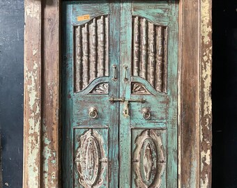 Antyczne indyjskie drzwi tekowe z ramą | Ręcznie rzeźbiony turkusowy, postarzany wystrój architektoniczny w stylu boho