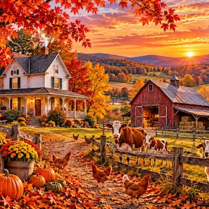 May include: A white farmhouse with a porch and a red barn sit in a landscape filled with autumn foliage. A cow, a calf, and a goat stand near a wooden fence, while chickens walk on a path covered in fallen leaves. Pumpkins and mums are in the foreground.