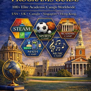 Może przedstawiać: Obraz promocyjny dla "Global Summer Programs Guide 2026". Przewodnik prezentuje ponad 100 elitarnych obozów akademickich na całym świecie, z logo obozów STEAM, Sportowych, Akademickich, Matematycznych i Muzycznych. Obraz zawiera globus i książki, z logo CAI Education Boston.