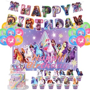 May include: A birthday party decoration set featuring a "Happy Birthday" banner with cartoon characters and horses, a large purple backdrop with unicorns and riders, colorful balloons, a tiered cake topper, and matching cupcake toppers.
